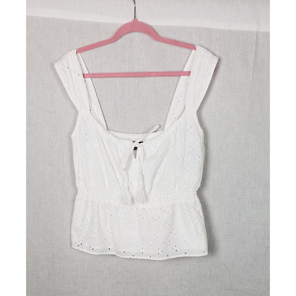 Flag & Anthem White Eyelet Peplum Blouse Top Tassel Tie L Cottagecore Milkmaid - Picture 3 of 13